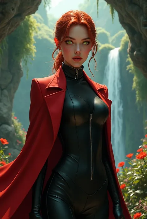  Make a fantasy image of a red-haired girl , with a green eye and a gold eye , Let your eyes be well appreciated . She is wearing a black leather suit combined with a scarlet coat and her hair is tied up. SHE HAS HETEROCHROMY, that is to say that one eye i...