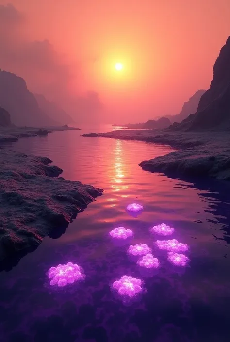 "Imagine an ancient Earth billions of years ago, covered with vast purple oceans due to the presence of primitive bacteria using retinal pigments to capture sunlight. The scene should showcase the waters vibrant purple tones, reflecting the golden light of...