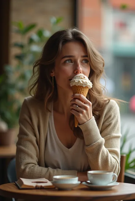 
35-year-old woman eating ice cream alone