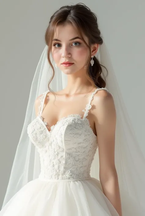 a young woman with pale skin, round cheeks, robust, expressive gray eyes, long light brown hair tied in a single ponytail, Big boobs. big booty, wears a white wedding dress with a white veil.