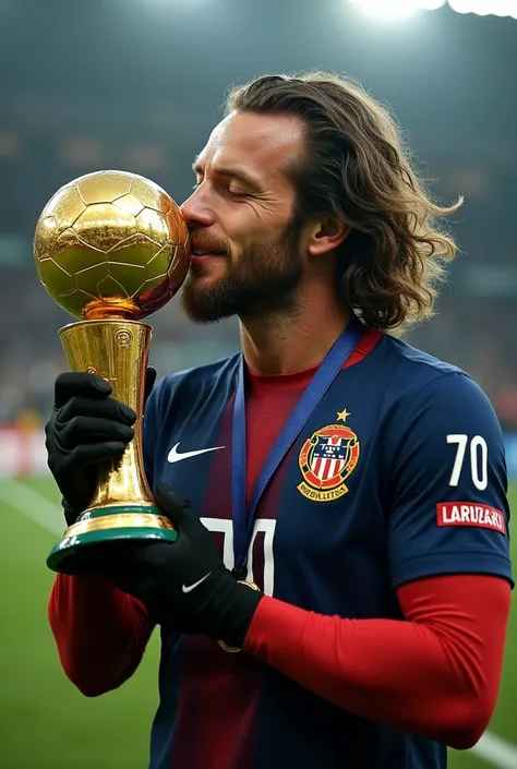 Scottish player named Ramsay who wears the number 70, long sleeves, black gloves and wavy hair kissing only the Ballon dOr of France Football 