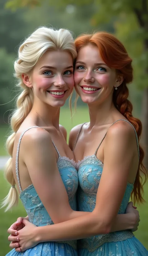 Realistic Portrait of two sisters, Elsa is a blonde teenaged girl and wholesome , the other sister is Anna who is a teenaged girl with auburn hair , very fit, muscular, trim, (they are facing the camera in an embrace,  8k, high definition, visible cleavage...