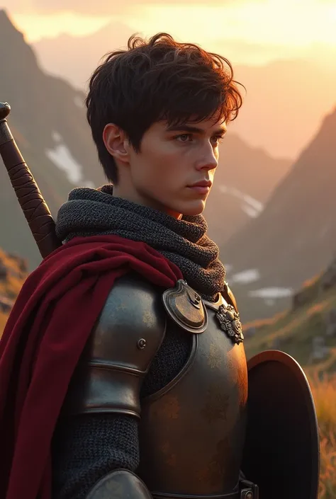 fantasy, Middle Ages,  guy knight 18 years old ,  sturdy ,  light skin, Oval facial features, well-defined cheekbones , babys strong chin ,  dark wavy hair,  brown eye ,  clothes knight armor , weapon sword and shield , mountainous terrain, sunrise.  Short...