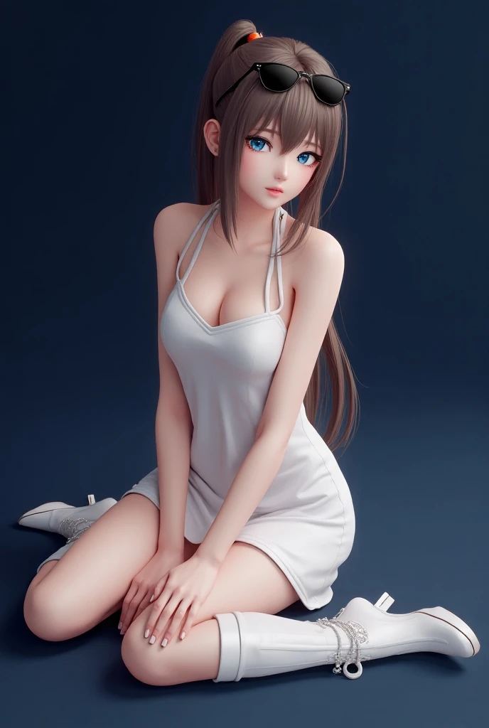 3d anime girl fanart, black shades, halter white dress, white boots, sitting pose, brown hair, blue eyes, straight ponytail, navy blue background 