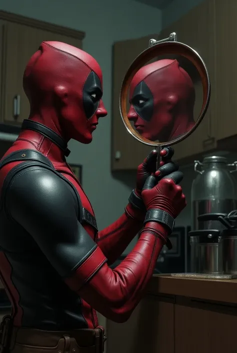 Deadpool reflecting in a frying pan 