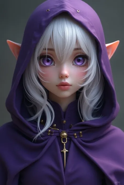  Draw a half-elf picara that has white hair, purple clothes, purple eyes and is pretty without so many breasts, smaller ears another option that has a full body hood that the image shows the full body 
