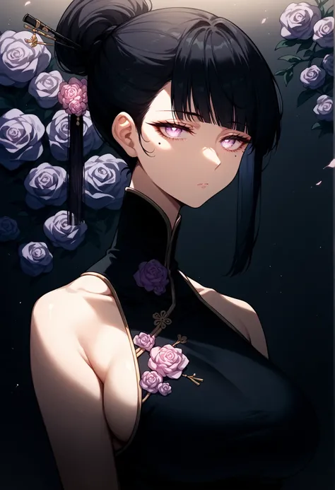 mixed_artwork style, (detailed eyes), (Mature woman), beautiful woman, medium breasts, black hair, bangs on eye, Side bangs, ponytail, (black oriental dress), Lavender eyes, mole under eye, huge body, (expressionless gaze)