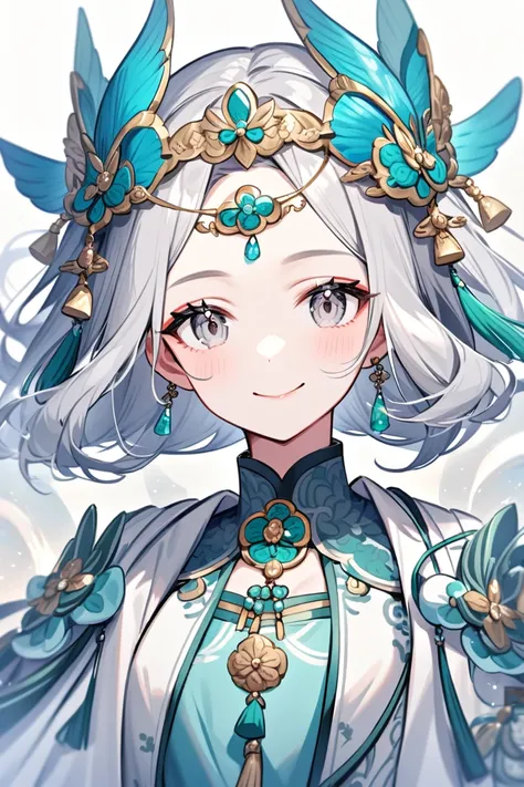  a beautiful girl , with a ribbon with the pattern of clouds that she wears on her forehead , her gray eyes , With a smile,  with a Chinese dress of white colors and a light blue,  with ornaments of an empress in her hair like jade jewelry  