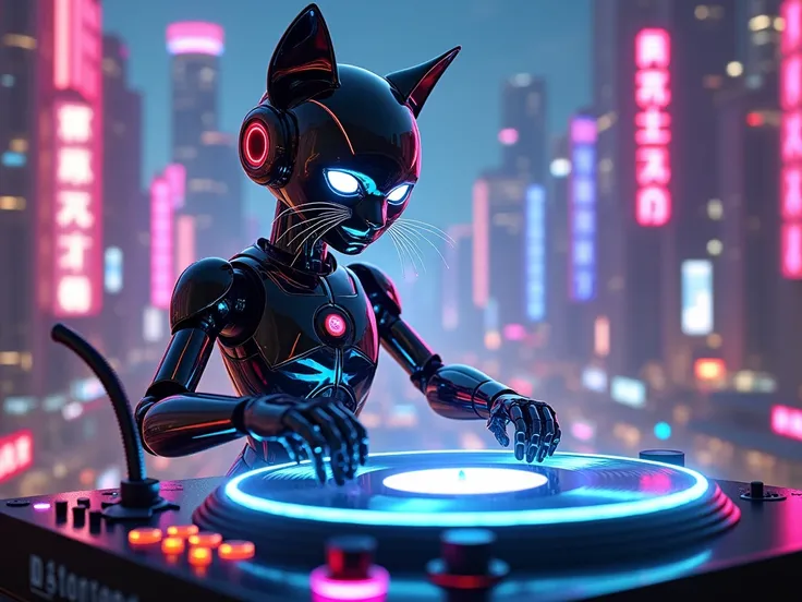 A futuristic robot cat DJ with neon lights spinning holographic records in a vibrant cyberpunk city at night with glowing skycapers and flying car in the background 