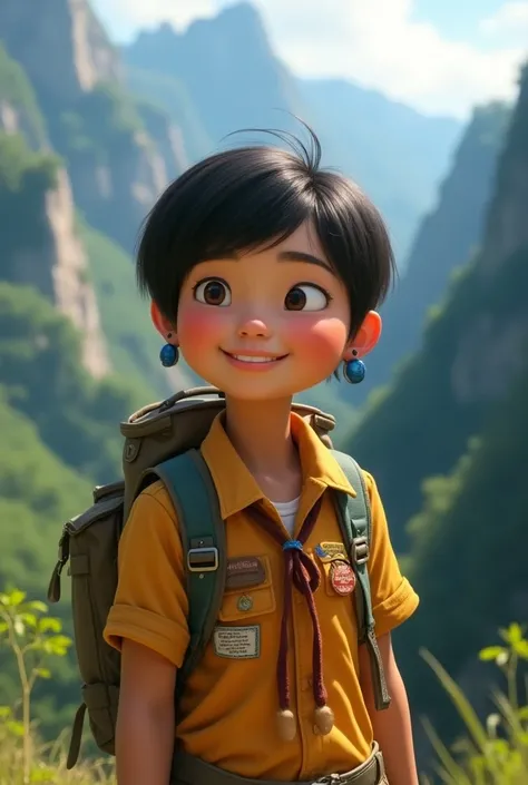  create Russel character from Up Altas Aventuras with slightly Asian characteristics,  SLIGHTLY FAT, In the female version inspired by the character herself 