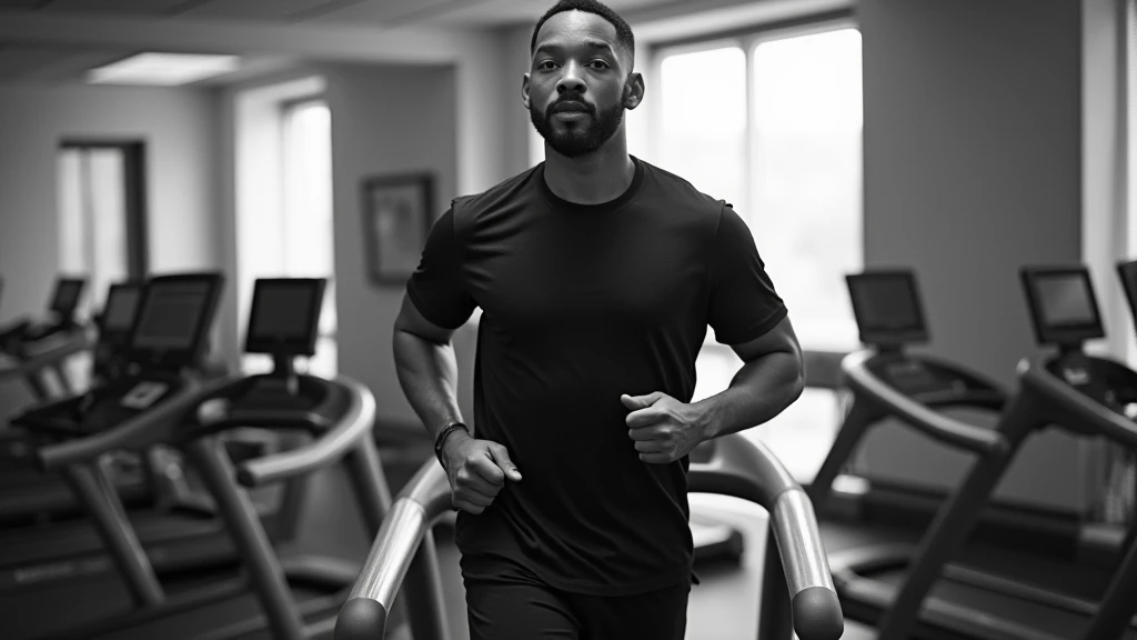 generates a black and white portrait of Will Smith running on a treadmill.