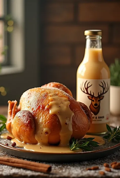 Eggnog chicken with deer antler bottle label 
