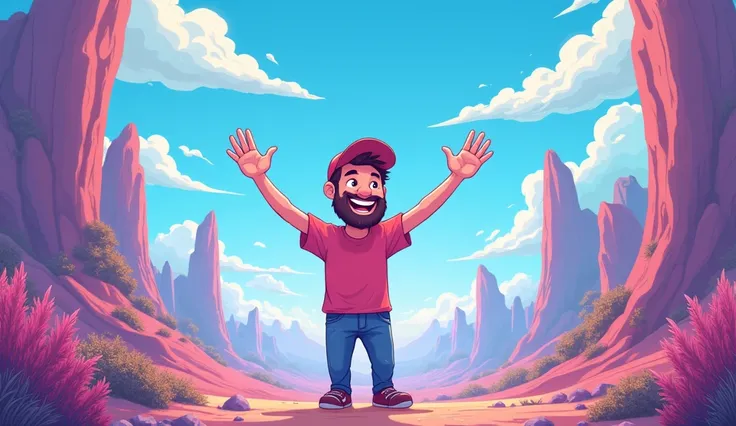 Realistic cartoon illustration of a man smiling with his hands raised, in a serene landscape, under a blue sky, fantastical, woodcut art,dreamy, 
Cinematic,mind bending, realistic cartoon art, majestic, Chalk art, ultra wide-angle, 2d platformer, lo-fi, sp...