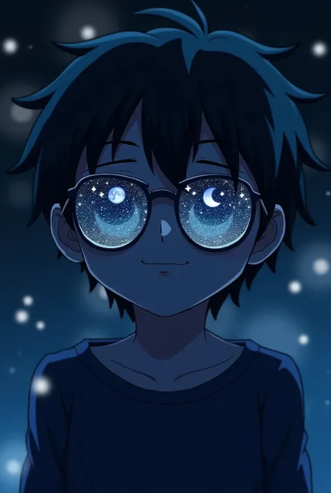 The Anime boy in dark is wearing glass sunglasses with stars and the moon on the glass