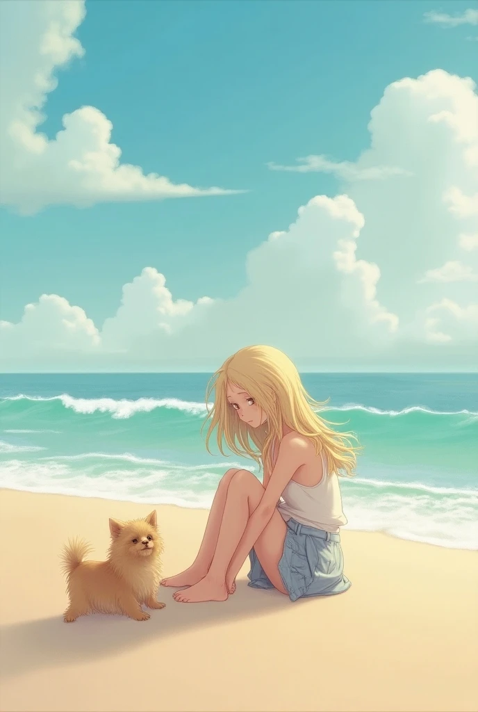 A  blonde haired girl at the beach with a Yorkie 