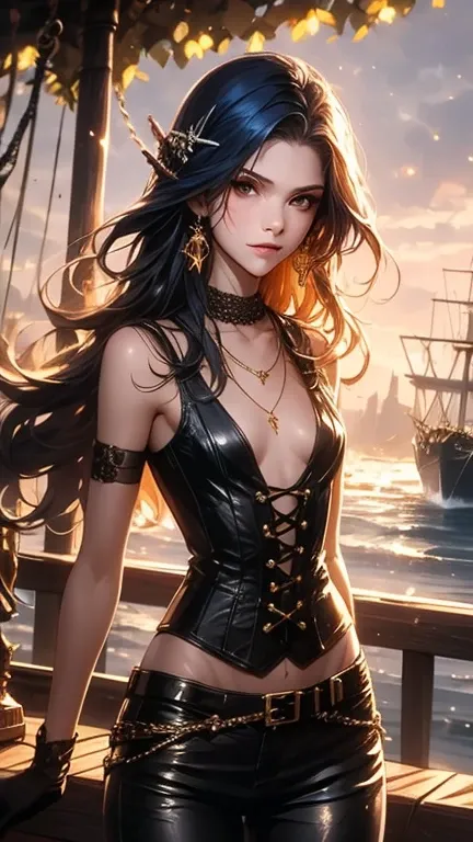 A stunning dark elf pirate captain standing confidently on a wooden ship deck during dawn, with a subtle mystical glow illuminating her surroundings. She has ash-white long hair cascading past her shoulders, a stylish tricorn hat with a skull emblem, and p...