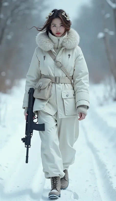 A Very Very Beautifull Korean Woman with short hairs Small Beautifull Flowers On Head short Hairs Wearing Korean White Snow Army Uniform Walking Straight Holding A Gun Very beautifull Blue Eyes A white snow leapord walking with her glowing skin