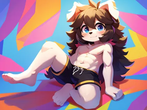 colorful background, beautiful, very high quality, cute white dog boy, thick hair, detailed body, shirtless, shorts