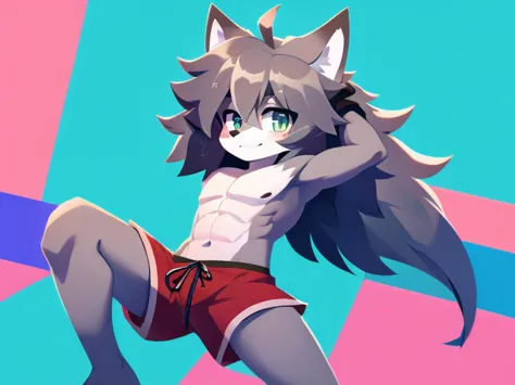 colorful background, beautiful, very high quality, cute gray wolf boy, thick hair, detailed body, shirtless, shorts