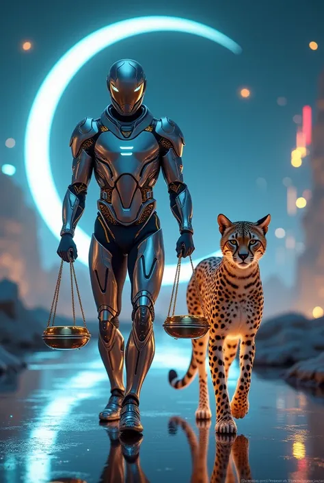 Create an animation of a futuristic man symbolizing the zodiac sign Libra walking with a cybernetic cheetah beside him. The man wears sleek, glowing armor with metallic silver, neon blue, and gold accents, holding a high-tech balance scale in each hand tha...