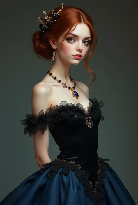 real image.  She is a petite girl , chestnut,  with her hair tied in an elegant bun with a small gold crown and black pebbles, pastel blue and pink .  She has dark eyes ,  sunken cheeks and full lips .  She is wearing a black dress with mermaid cut blue , ...