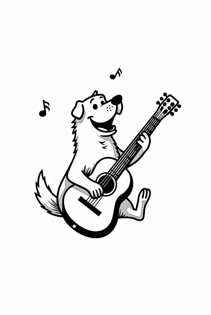 a dog playing guitar, coloring book, black and white, black lines, white background
