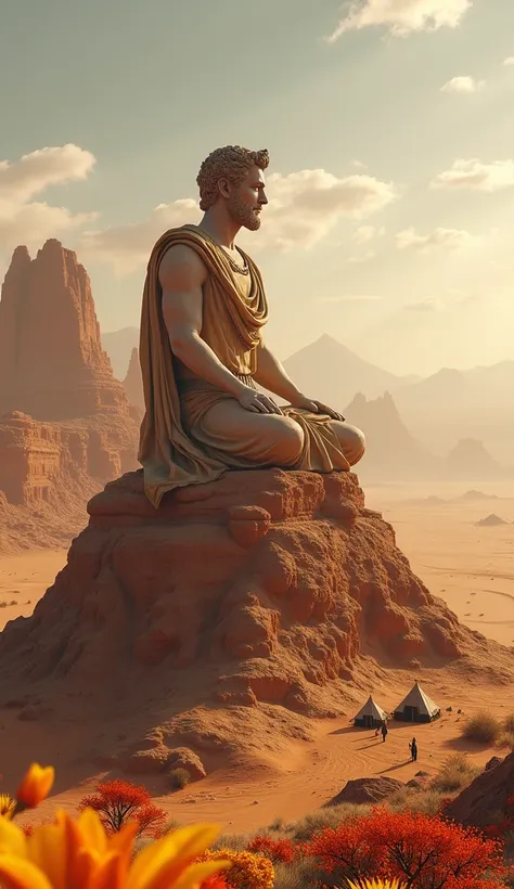  Ultra-realistic image of the giant Statue of Marcus Aurelius , 3d, sitting on top of a mountain, meditating in the middle of the Sahara desert ,  under your feet a caravan of Bedouins ,   in the background and on the sides windswept sand mountains , An oa...