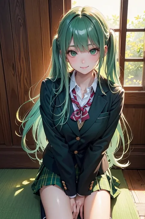 ( best quality, high definition ,8k,inelity detailed background, masterpiece :1.2), pretty girl,( glossy green hair:1.3),(long hair:1.2) ,long hair,messy hair,Beautiful green eyes,autumn,school uniform,blazer,skirt,black tights,(zettairyoiki:1.2),Gentle lo...