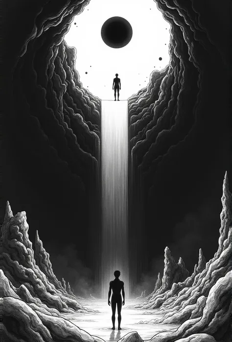 junji ito style, horror manga, black and white, one page manga style layout, no talking bubbles, human floating in the air, under him is the abyss, above him is a small oculus of light, human floating towards light, philosophical concept, Nietzche abyss co...