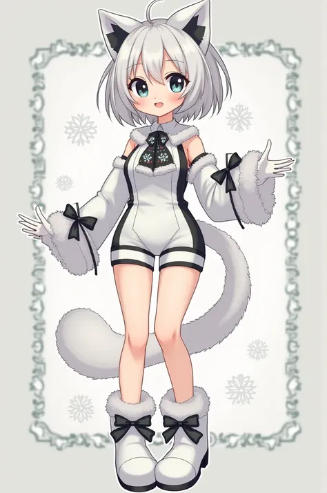  A pale woman with short but messy white hair very messy ,  black eyes with a smile of anime and her cheeks blushed her little ears with a cats and are on the top,  of accessories low glasses with Christmas decoration ,  a white bodysuit with black stripes...