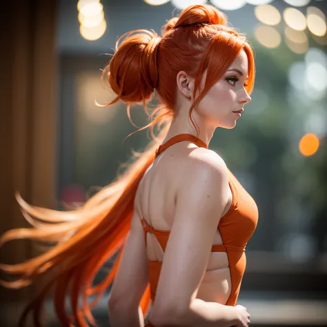 Slender Misty, 30 years old, orange ponytail hair, ginger, cor tt, bokeh effect,  . 