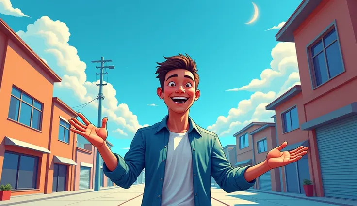 Realistic illustration of a man smiling with his hands raised, in a serene urban landscape, under a blue sky, fantastical, Colors Blue and Orange , woodcut art,dreamy, 
Cinematic,mind bending, realistic cartoon art, majestic, Chalk art, ultra wide-angle, 2...