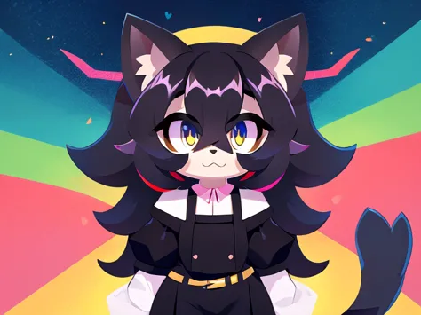 colorful background, beautiful, very high quality, cute black cat girl, thick hair, detailed body, normal clothes