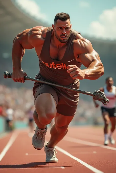 A big muscle man with nutella singlet winning a race competition while holding a metal stick with a horse head on the tip of it between his legs