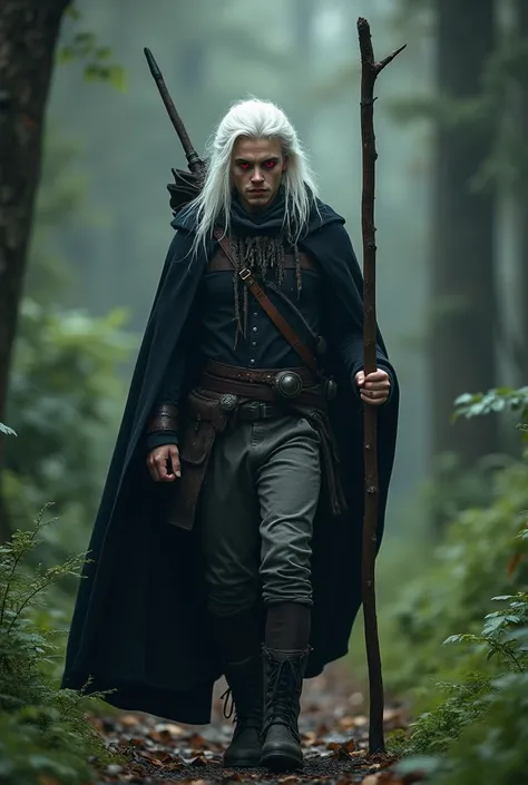 wolf hunter guy 19 years old good red eyes white long hair with a collar around his neck wanderer stick in hand black cape walks through the forest