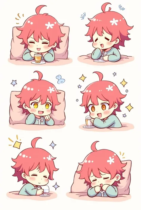  Create chibi anime style images of a boy with pink hair in Asian comma style with a white star accessory and yellow eyes in pink clothing having different reactions, Like crying , laughing, in love, etc and so on with everything , Eating too,  also sleepi...