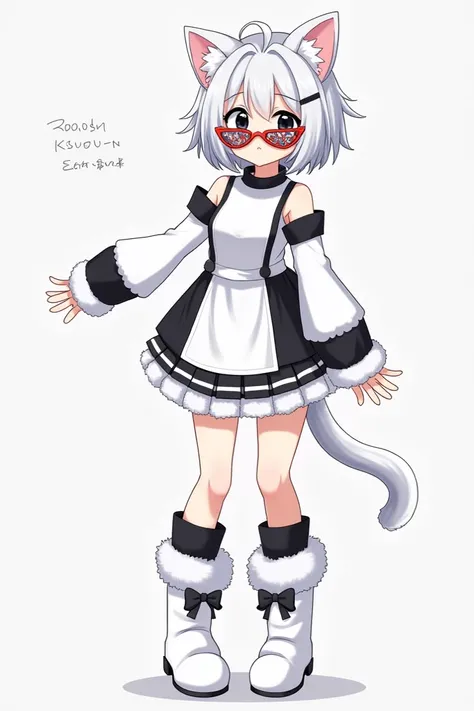  A pale woman with short but messy white hair very messy ,  black eyes with a smile of anime and her cheeks blushed her little ears with a cats and are on the top,  of accessories low glasses with Christmas decoration , a white bodysuit with black stripes ...