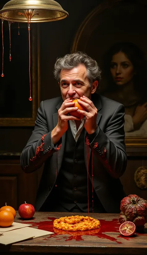 Hyper-realistic dark baroque photograph inspired by Caravaggios chiaroscuro. In a dimly lit ancient kitchen with dramatic shadows, a middle-aged man in a torn suit maniacally squeezes half an orange, his face contorted in painful ecstasy. The orange pulp f...