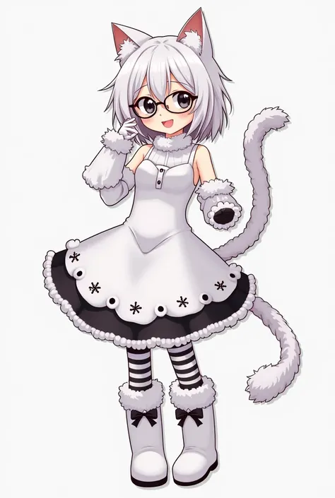  A pale woman with short but messy white hair very messy ,  black eyes with a smile of anime and her cheeks blushed her little ears with a cats and are on the top,  of accessories low glasses with Christmas decoration , a white bodysuit with black stripes ...