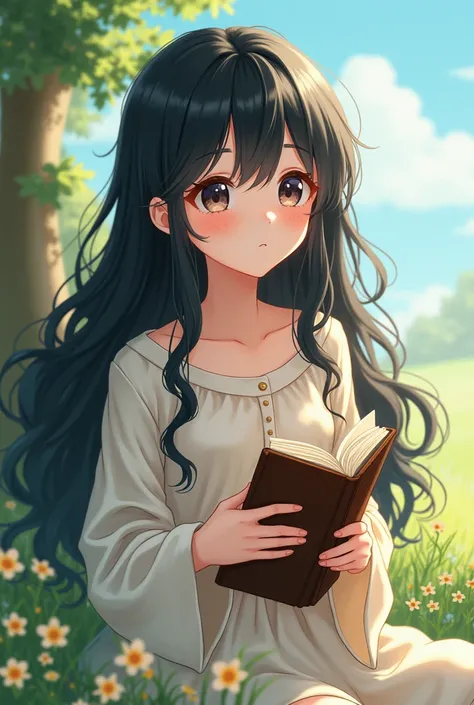 Make an anime style girl, with long black messy wavy hair,  white skin and she looks beautiful the Bible in a place of peace and tranquility. Make her a little chubby and with fluffy cheeks, a young adult 