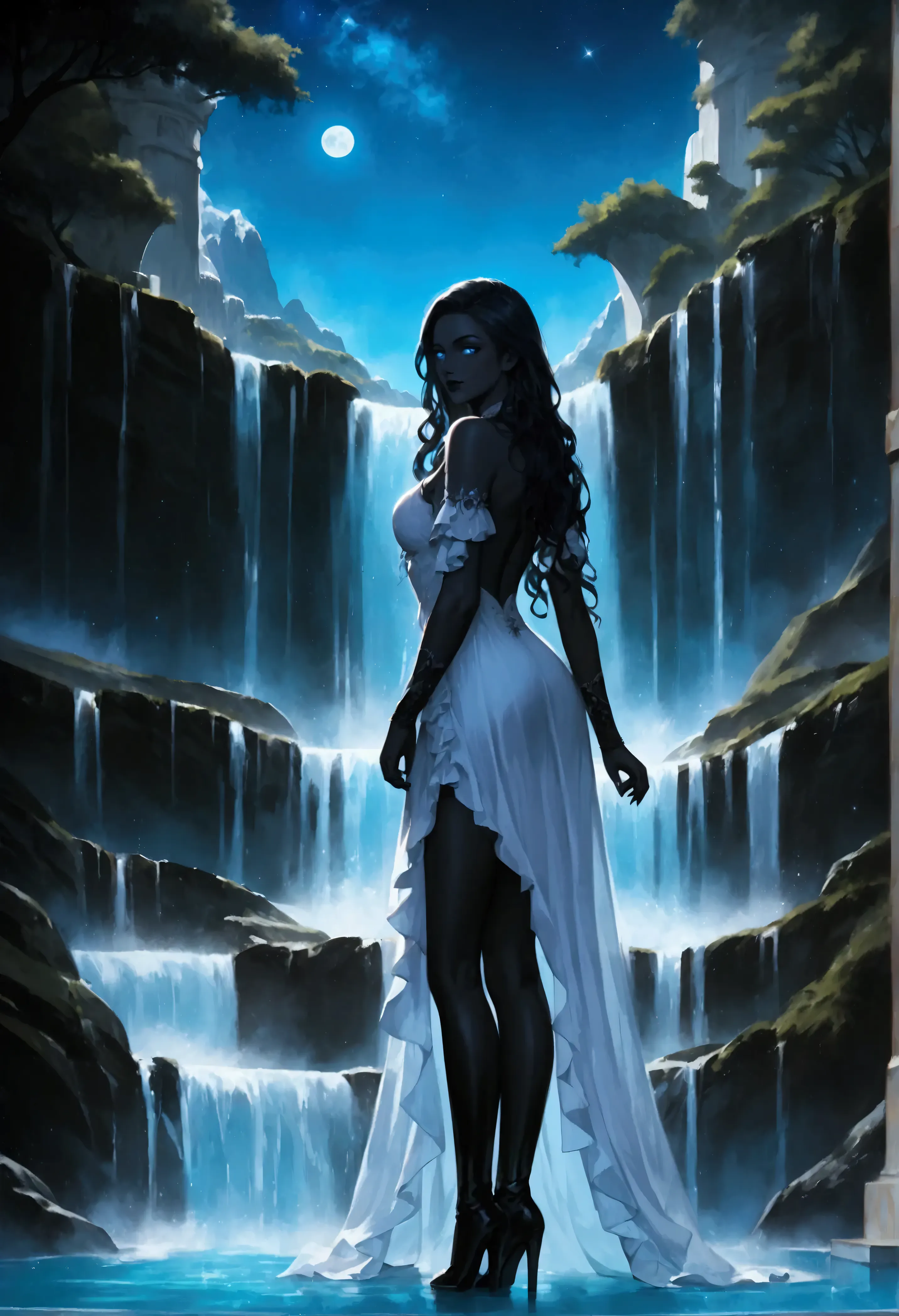 score_9, score_8_up, score_7 a portrait of an exquisite beautiful female vampire standing under the starry night sky at the base...