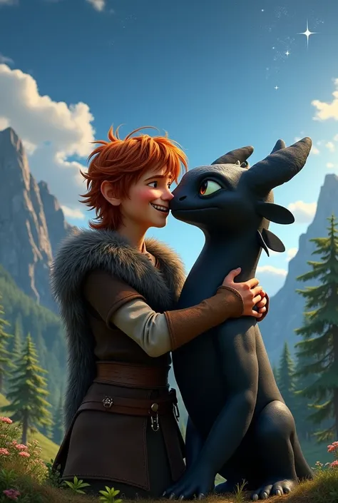 Hiccup kissing Toothless in realistic style 