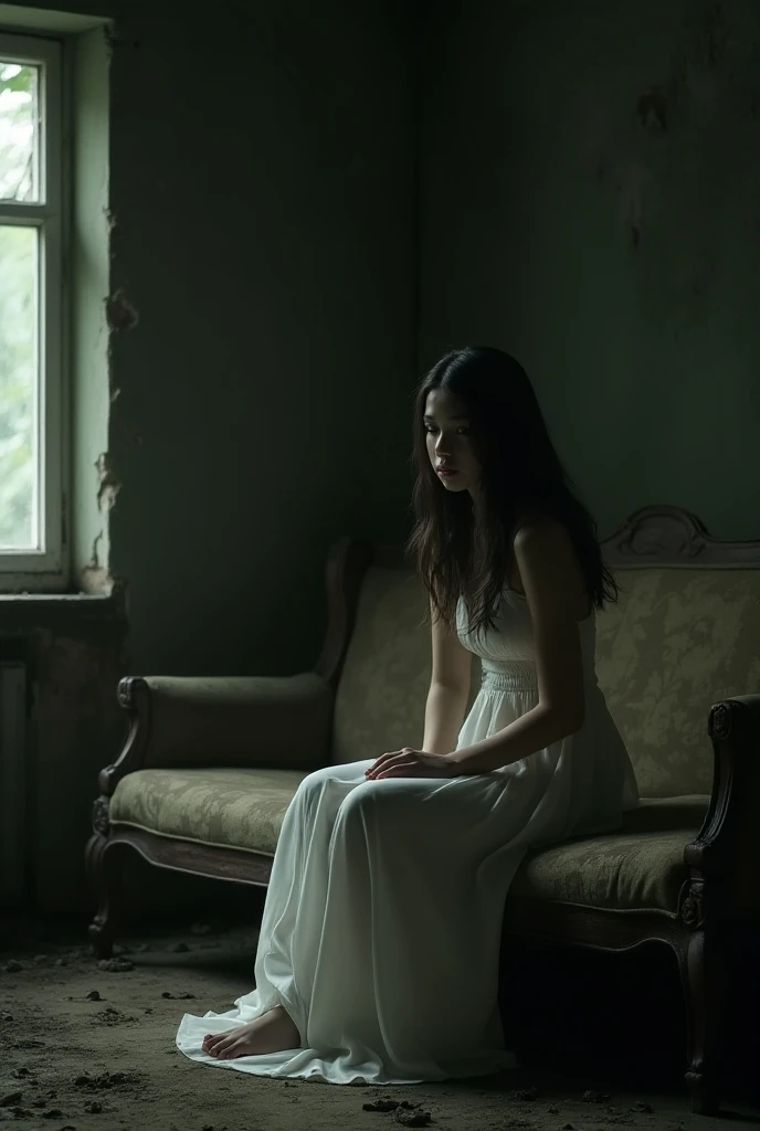 one gloomy night ,  a pretty faced Indonesian girl with a mysterious look ,  her long hair unraveled , her face looked sad sitting on an ancient sofa in the living room of an old abandoned house,  She was wearing a classic white dress  