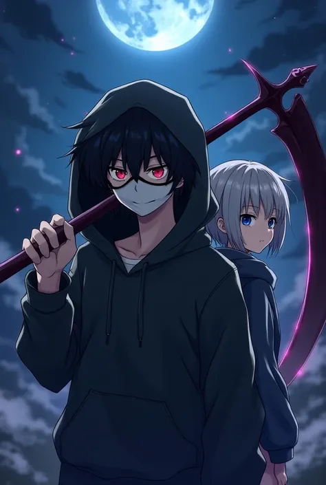 A anime matching profile picture a boy with black messy hair dark gray hoodie covered his head with two different eye colour one is blue and one is red only boy and looking dangerous and powerful grown up with a cool purple scythe resembling a blackhole wi...