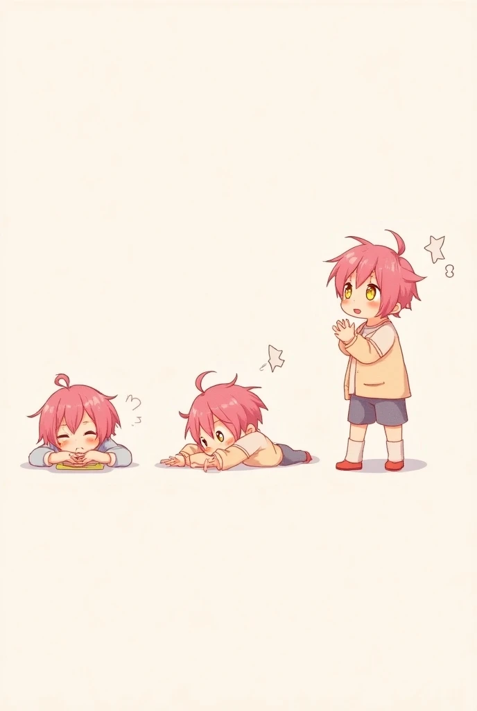  Create chibi anime style images of a boy with pink hair in Asian comma style with a white star accessory and yellow eyes in pink clothing having different reactions, Like crying , laughing, in love, etc and so on with everything , Eating too,  also sleepi...