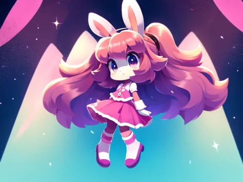 colorful background, beautiful, very high quality, cute pink rabbit girl, thick hair, detailed body, normal clothes