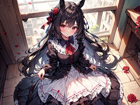 ((Masterpiece, Top Quality)), Horse Ears, Red Eyes, (Blue and Black High Waisted Dress), (Long Skirt), Flowers, Ruffles, Flowers in Hair, Interlocking Fingers, Long Sleeves, Putting Her Hands Together, Puffy Sleeves, Red Flowers, Solo, Black Pantyhose, Bla...