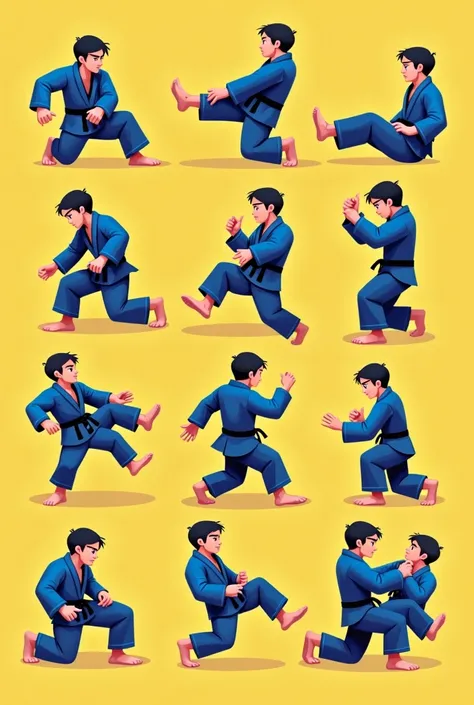 Create a sprite of judo movements from the yellow stripe where the sprite character has a black border and uses blue judogi