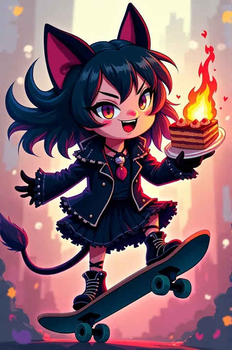 Kuromi riding a skateboard eating flame cake