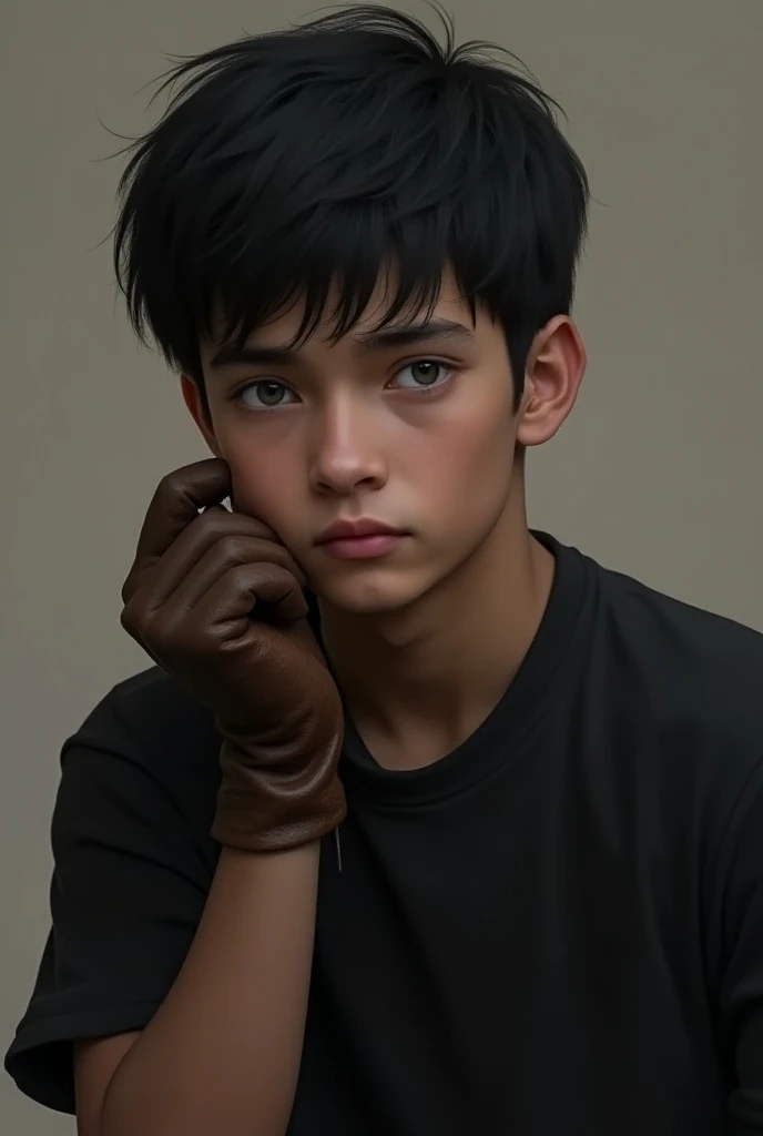 A teenage boy ,  with short black hair,  whose eyes were gray ,  he wore a 14-year-old black shirt , leather mittens .